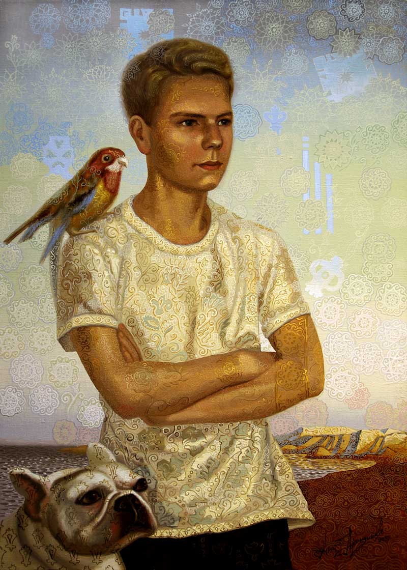 Портрет молодого человека с собакой и попугаем.