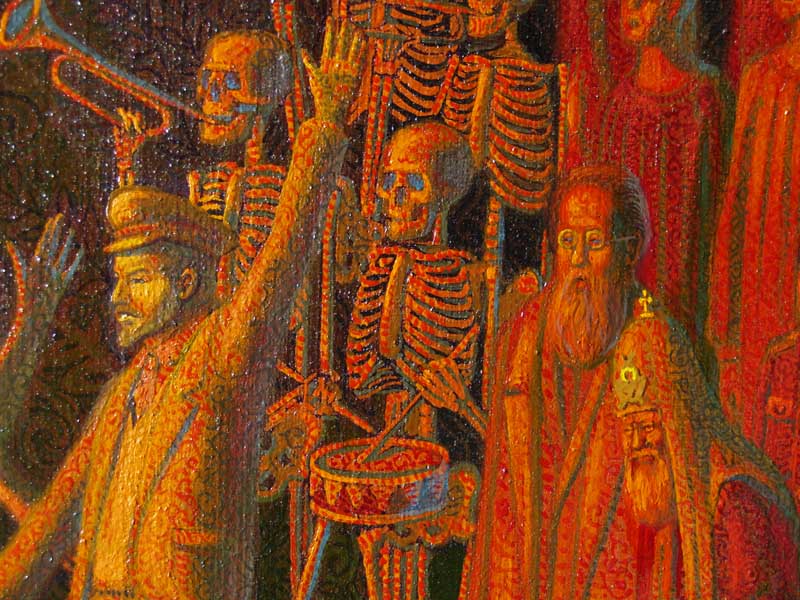 Фрагмент картины «Танец смерти»: В.И. Ленин, скелеты, К.Э. Циолковский.