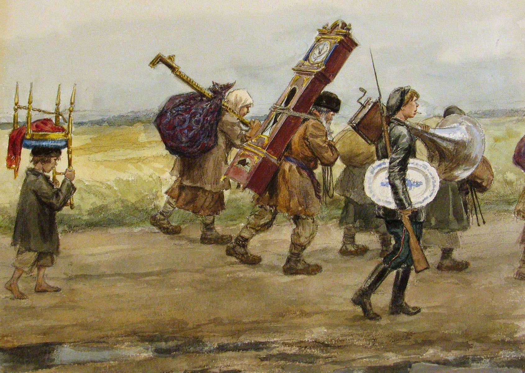 Крестьяне возвращаются после разгрома помещичьей усадьбы в окрестностях Пскова. 1919.